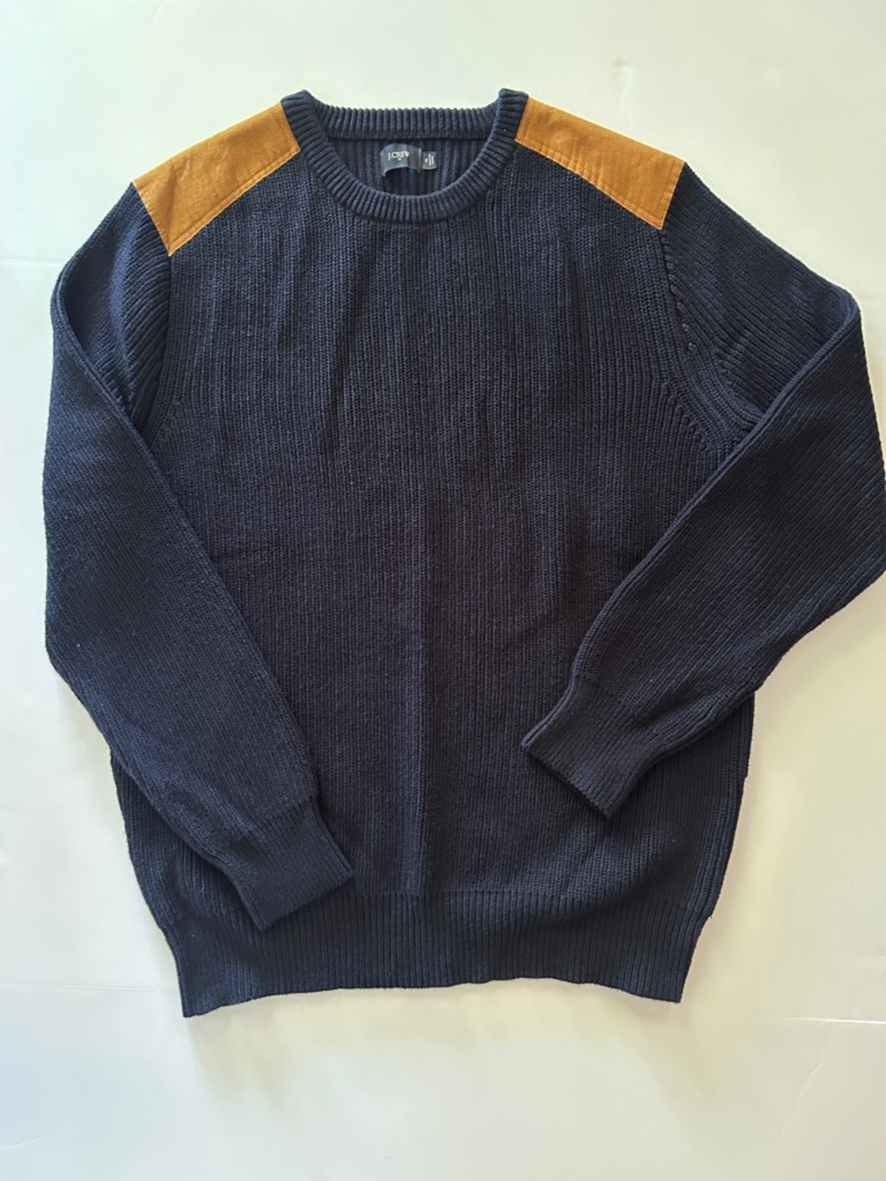 J. Crew Navy Crewneck Sweater with Tan Shoulder Patches - Men XL